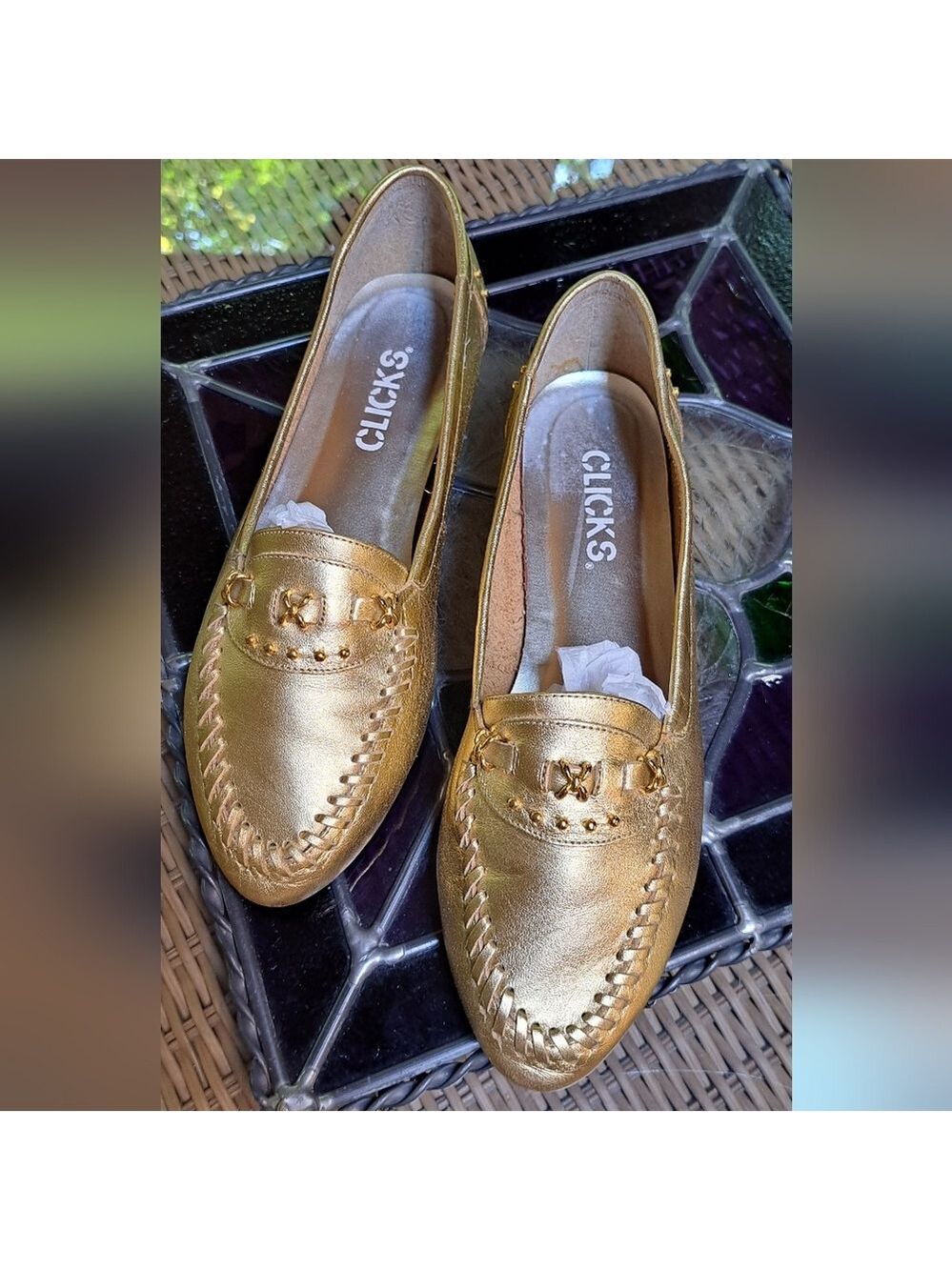 Clicks Gold Women's Loafers With Gold Metal Accents. Size 8. CLOSING SALE